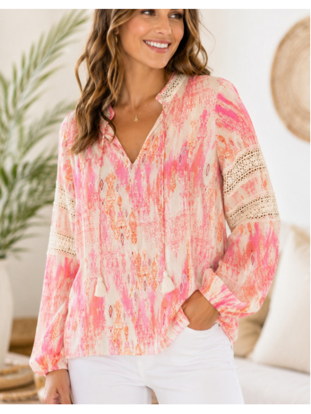 Stella Parker Pink Coral Boho Crochet Lace Tassel Blouse Size M